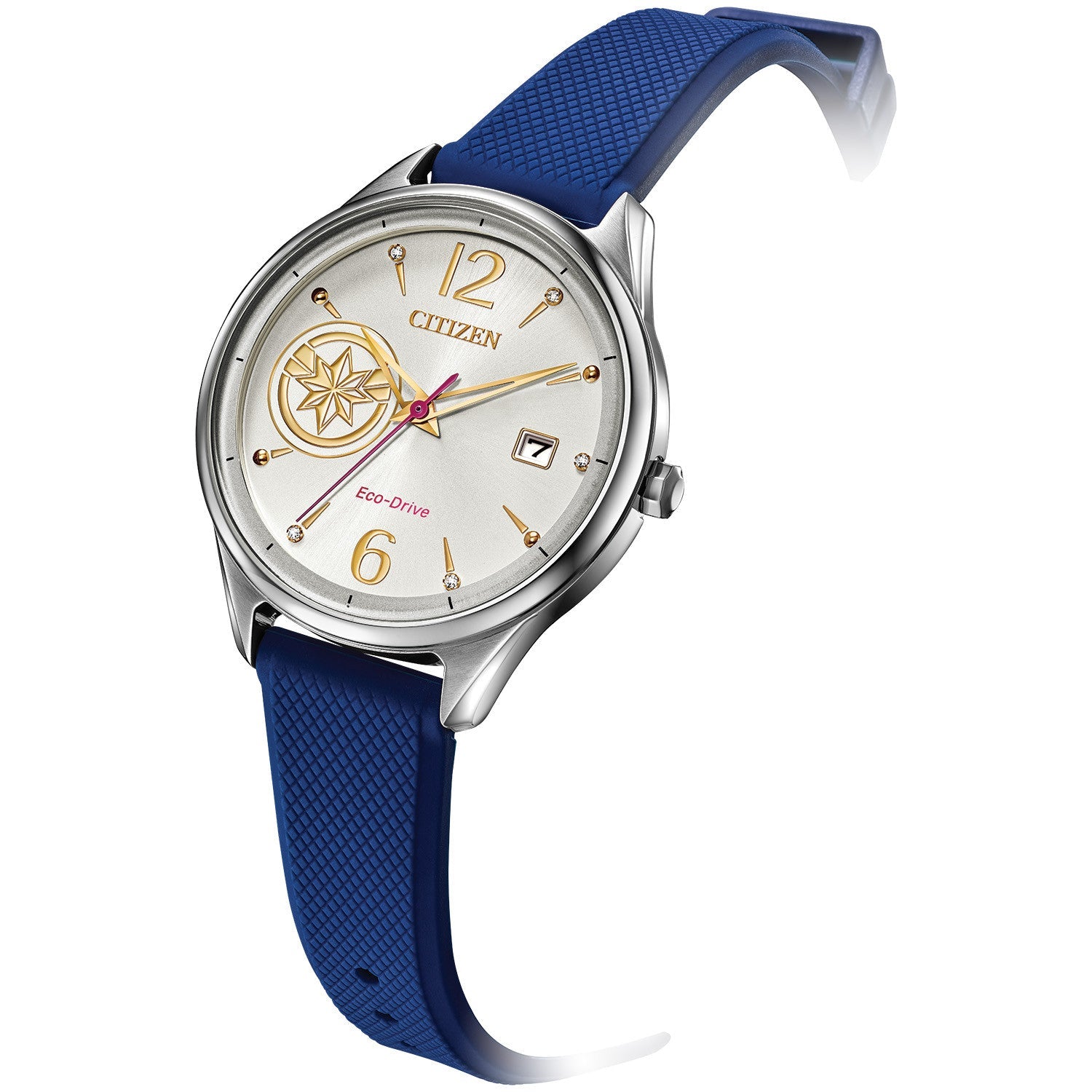 Citizen FE6101-05W Captain Marvel watch featuring a silver-tone stainless steel case, silver dial with gold-tone accents, and blue silicone strap—front view.