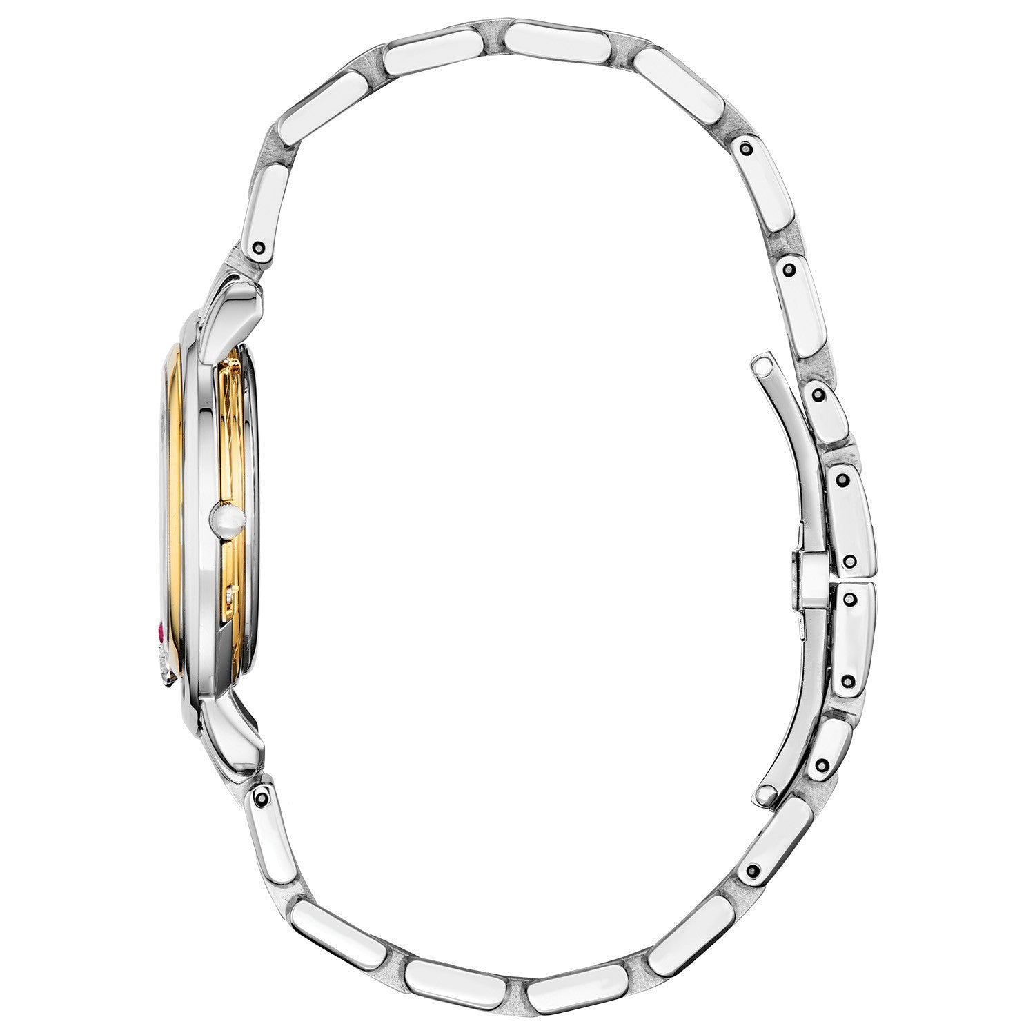 Side profile of the Citizen EW5564-54D showcasing the two-tone case and bracelet.