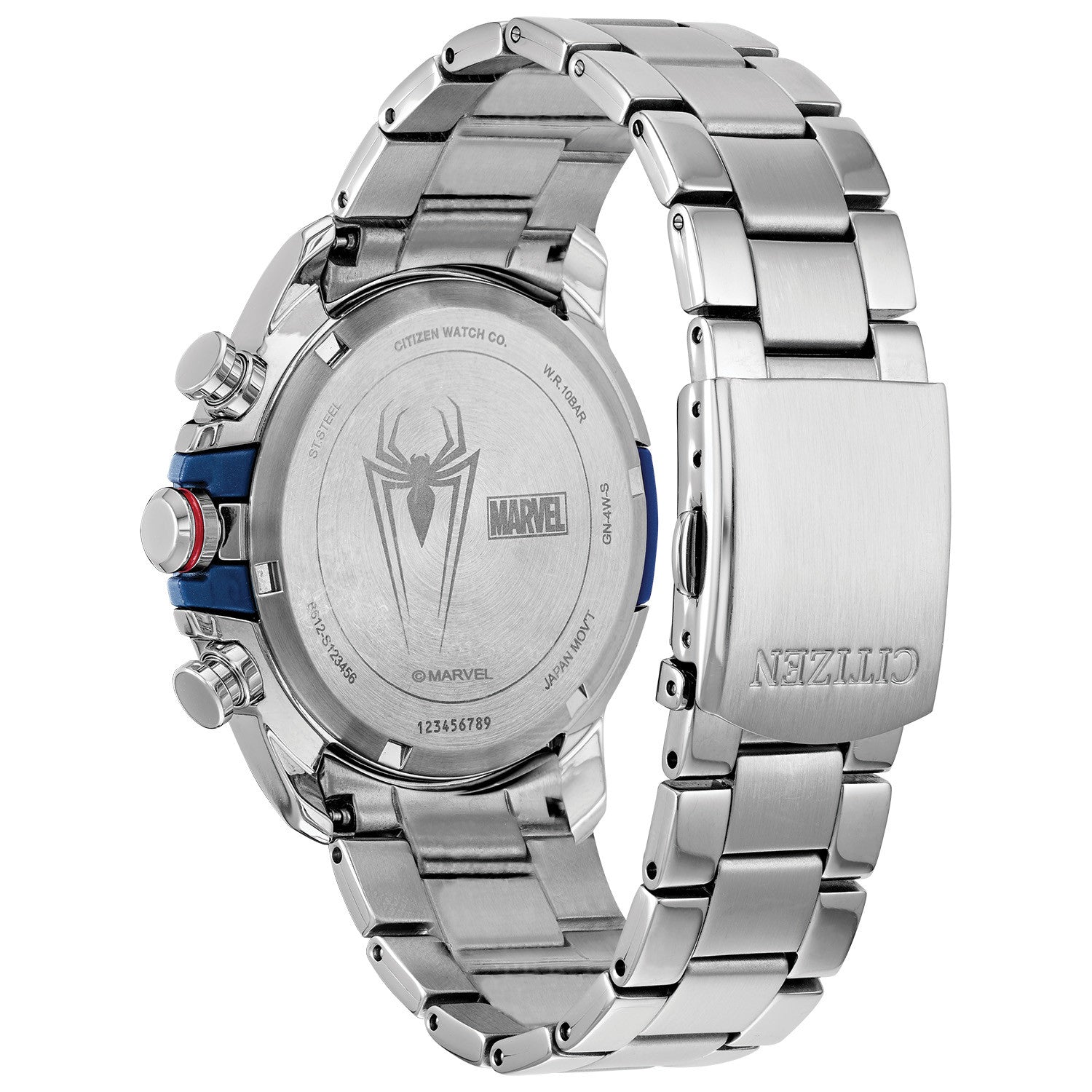 Back view of the Citizen CA0429-53W, showcasing the Spider-Man logo and detailed engravings on the case back.