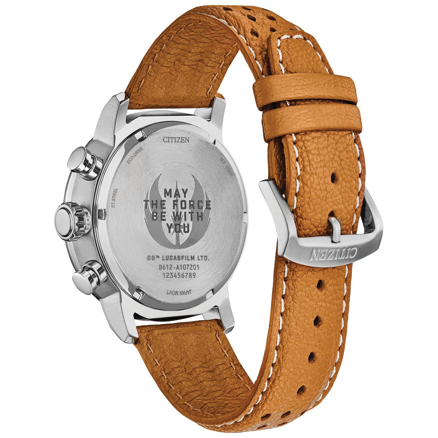 Close-up of the buckle clasp on the Citizen Star Wars™ Rebel Pilot Eco-Drive Chronograph Watch CA0761-06W.