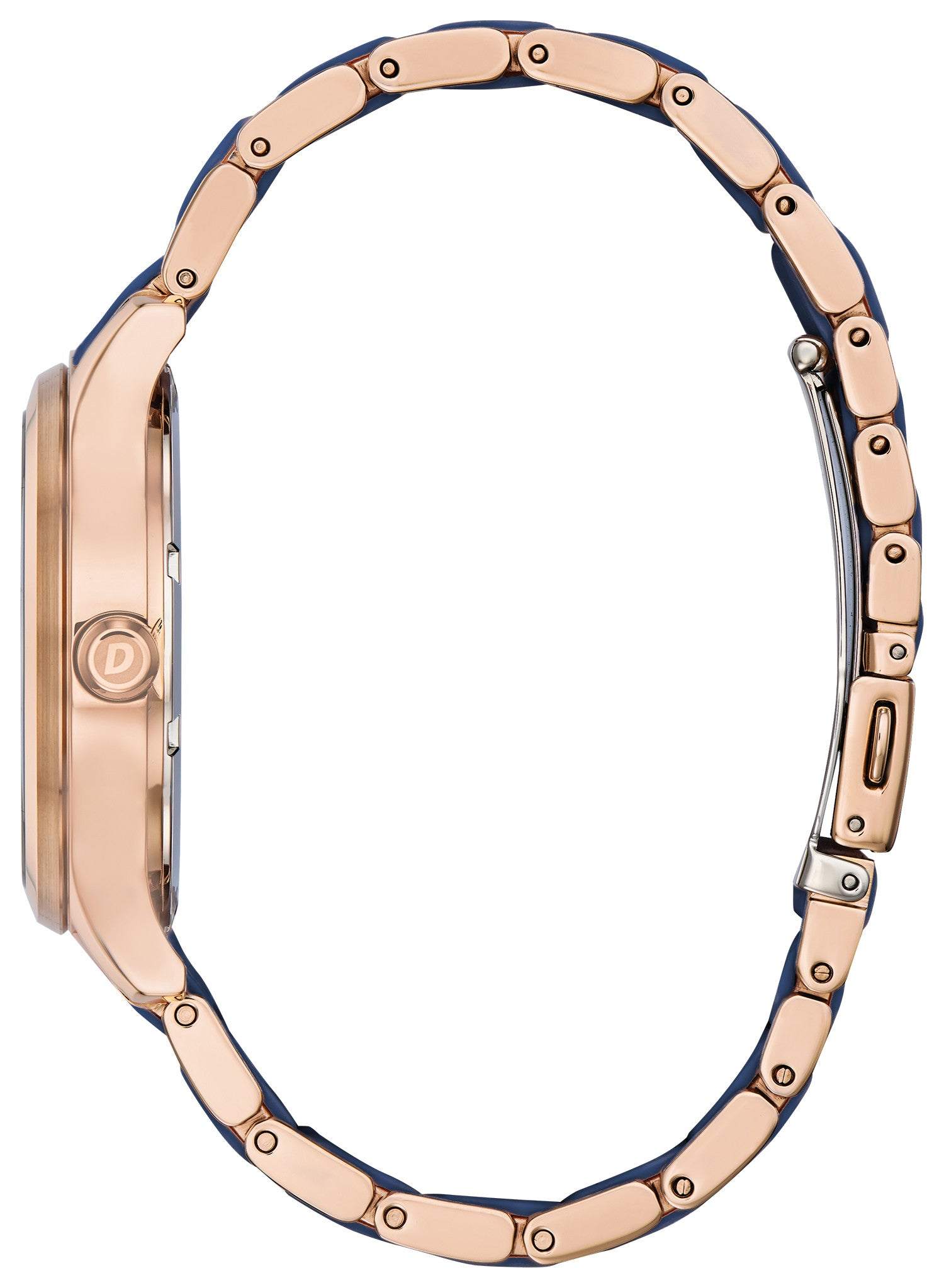 Side profile of the Citizen FE7073-71A showcasing the integration of rose gold-tone stainless steel and blue silicone center links.