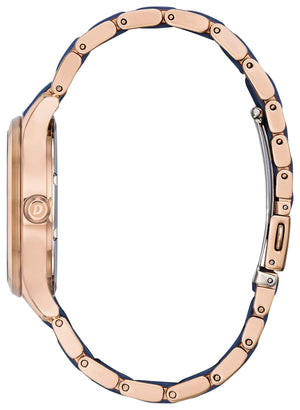 Side profile of the Citizen FE7073-71A showcasing the integration of rose gold-tone stainless steel and blue silicone center links.