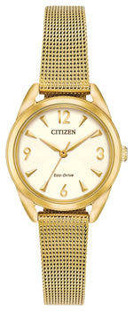 Citizen EM0682-58P Ladies' Eco-Drive Watch featuring a 30mm gold-tone stainless steel case and bracelet with a champagne dial—front view.