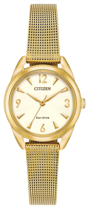 Citizen EM0682-58P Ladies' Eco-Drive Watch featuring a 30mm gold-tone stainless steel case and bracelet with a champagne dial—front view.