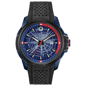 Citizen AW1156-01W Spider-Man watch featuring a blue dial with web designs, luminous hands, and a black silicone strap—front view.