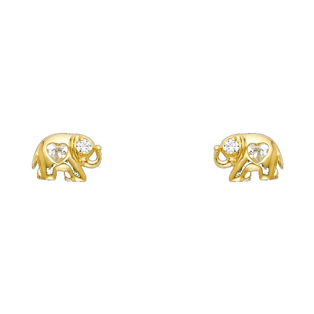 14K Yellow Gold  Elephant  CZ Stud Earrings w/Screw