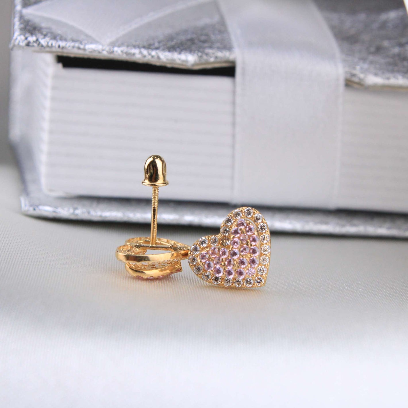 14K Yellow Gold CZ Heart Earrings