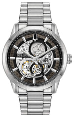  Bulova Sutton 96A208 men's stainless steel watch with skeletonized black dial, showcasing the self-winding movement—front view.