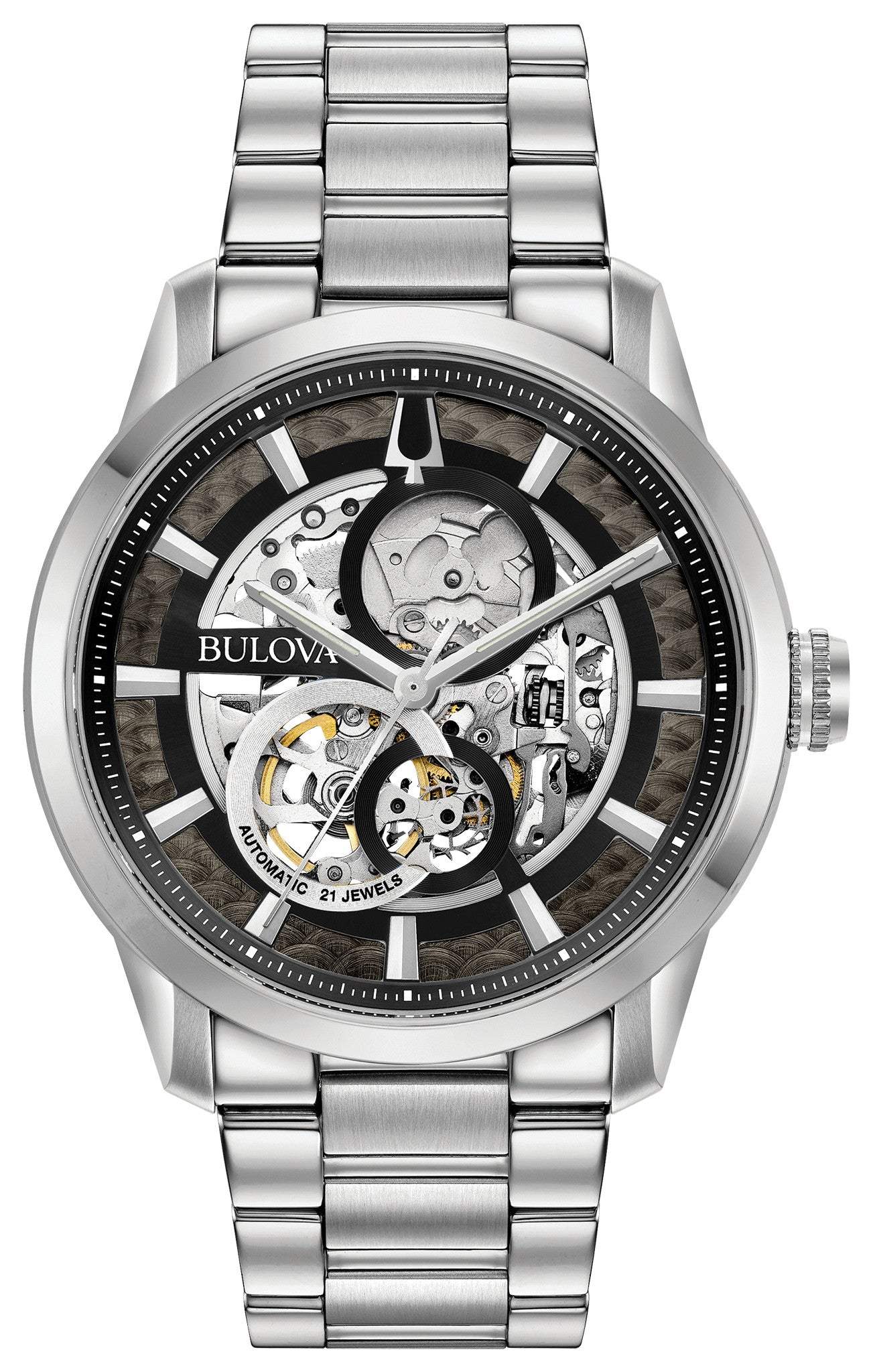  Bulova Sutton 96A208 men's stainless steel watch with skeletonized black dial, showcasing the self-winding movement—front view.