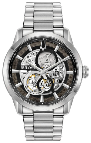  Bulova Sutton 96A208 men's stainless steel watch with skeletonized black dial, showcasing the self-winding movement—front view.