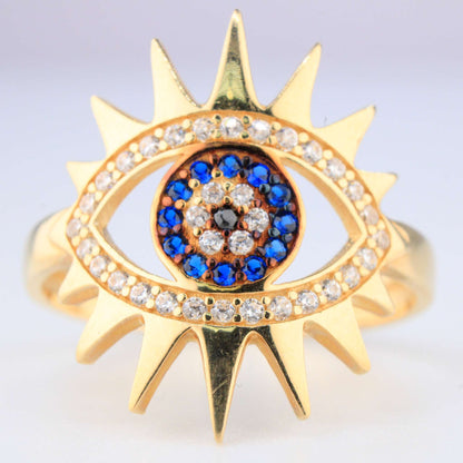 14K Yellow Gold Blue CZ Evil Eye Ring