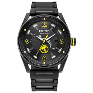 Citizen BM6987-50W Thor watch featuring a black stainless steel case, black dial with luminous hammer-head hour markers, and lightning bolt accents—front view.​