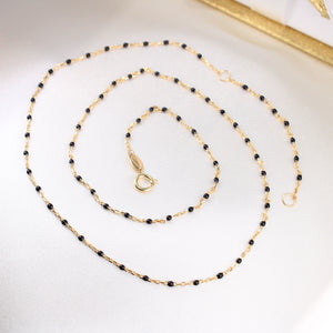 14K Yellow Gold Onyx Black Beaded Necklace 18in