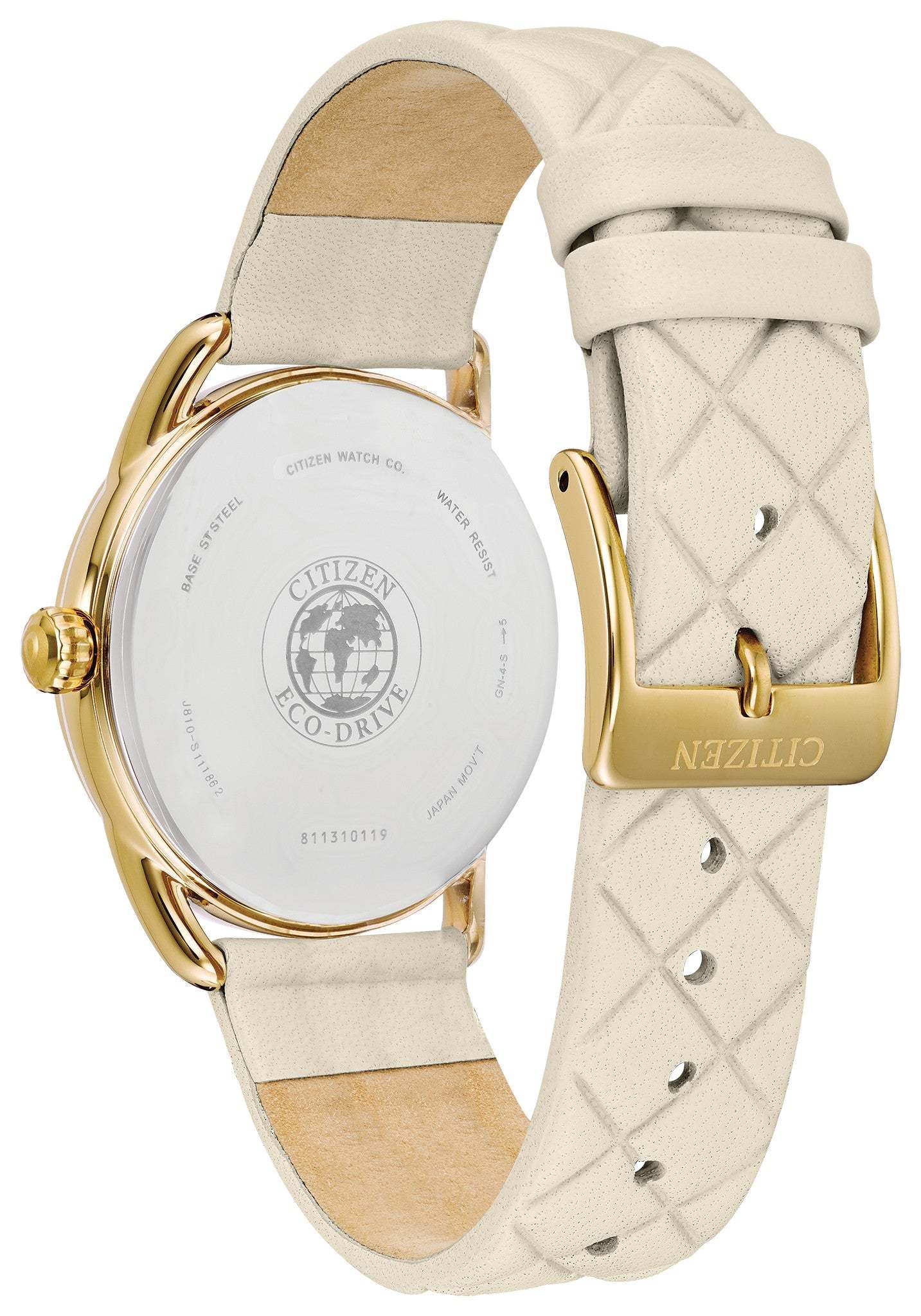 Close-up of the tang clasp on the Citizen Drive Eco-Drive Ladies' Watch FE6082-08P.