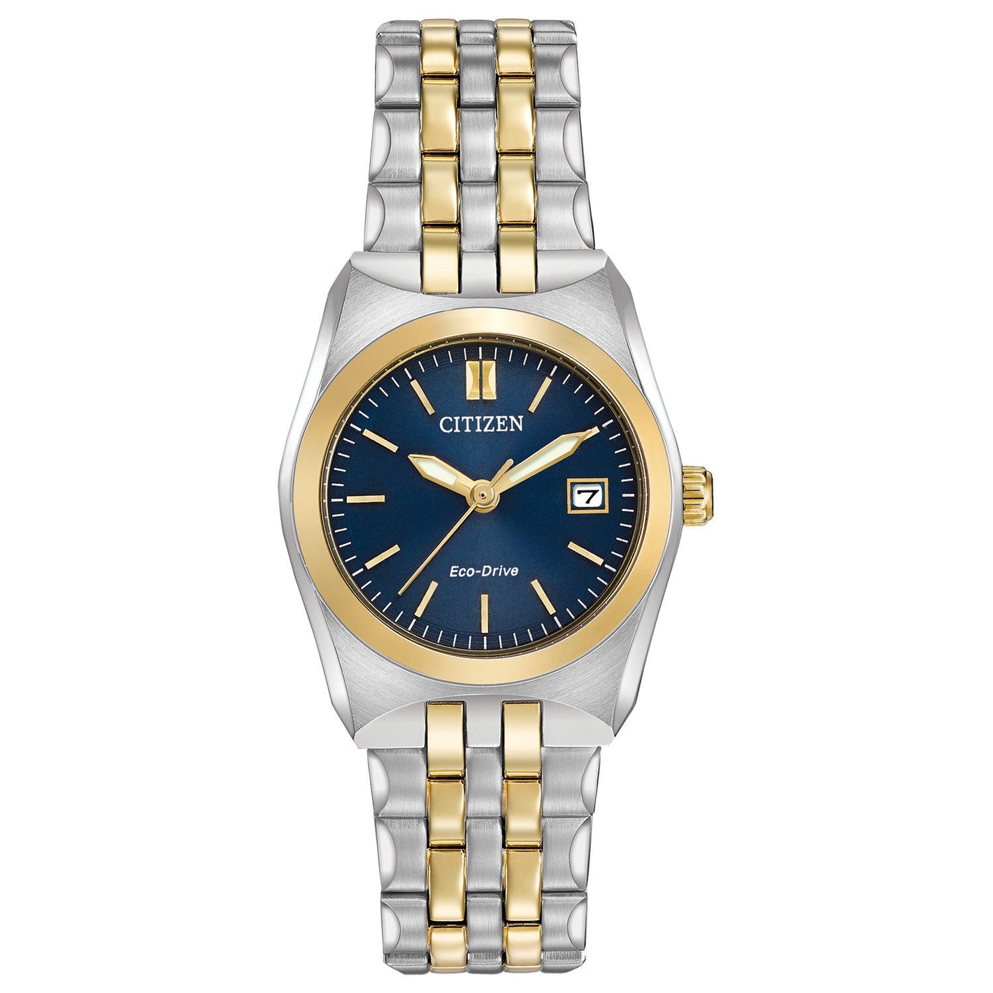  Citizen Corso EW2294-53L women's watch featuring a two-tone stainless steel 28mm case with a deep blue dial and date display—front view.