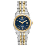  Citizen Corso EW2294-53L women's watch featuring a two-tone stainless steel 28mm case with a deep blue dial and date display—front view.