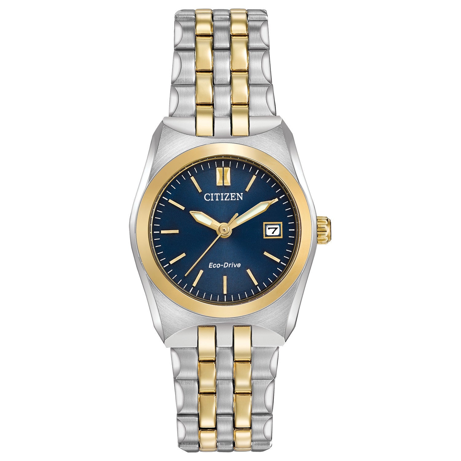  Citizen Corso EW2294-53L women's watch featuring a two-tone stainless steel 28mm case with a deep blue dial and date display—front view.