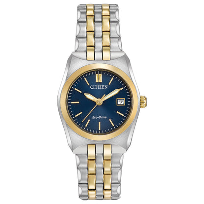  Citizen Corso EW2294-53L women's watch featuring a two-tone stainless steel 28mm case with a deep blue dial and date display—front view.