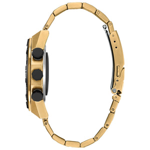 Side profile of the Citizen JX1006-58E showcasing the gold-tone stainless steel case and bracelet.