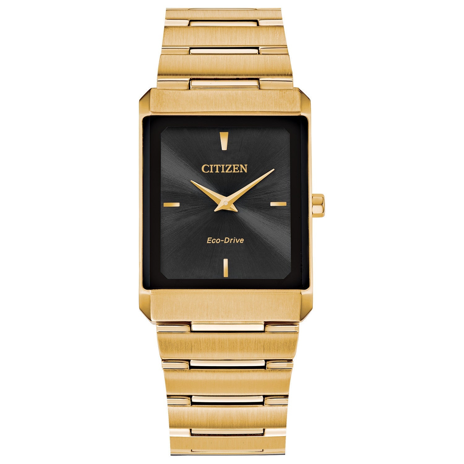 Citizen Stiletto AR3102-51E unisex watch featuring a gold-tone stainless steel 28mm rectangular case with a black dial—front view.