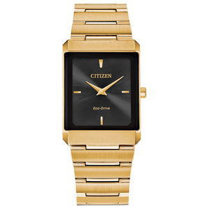 Citizen Stiletto AR3102-51E unisex watch featuring a gold-tone stainless steel 28mm rectangular case with a black dial—front view.