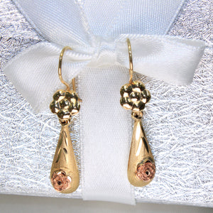 14K Yellow Gold Flower Tear Drop Earrings