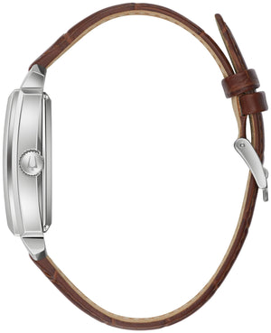 Side profile of the Bulova 96A268, highlighting the slim rectangular stainless steel case and the curvature of the mineral crystal.
