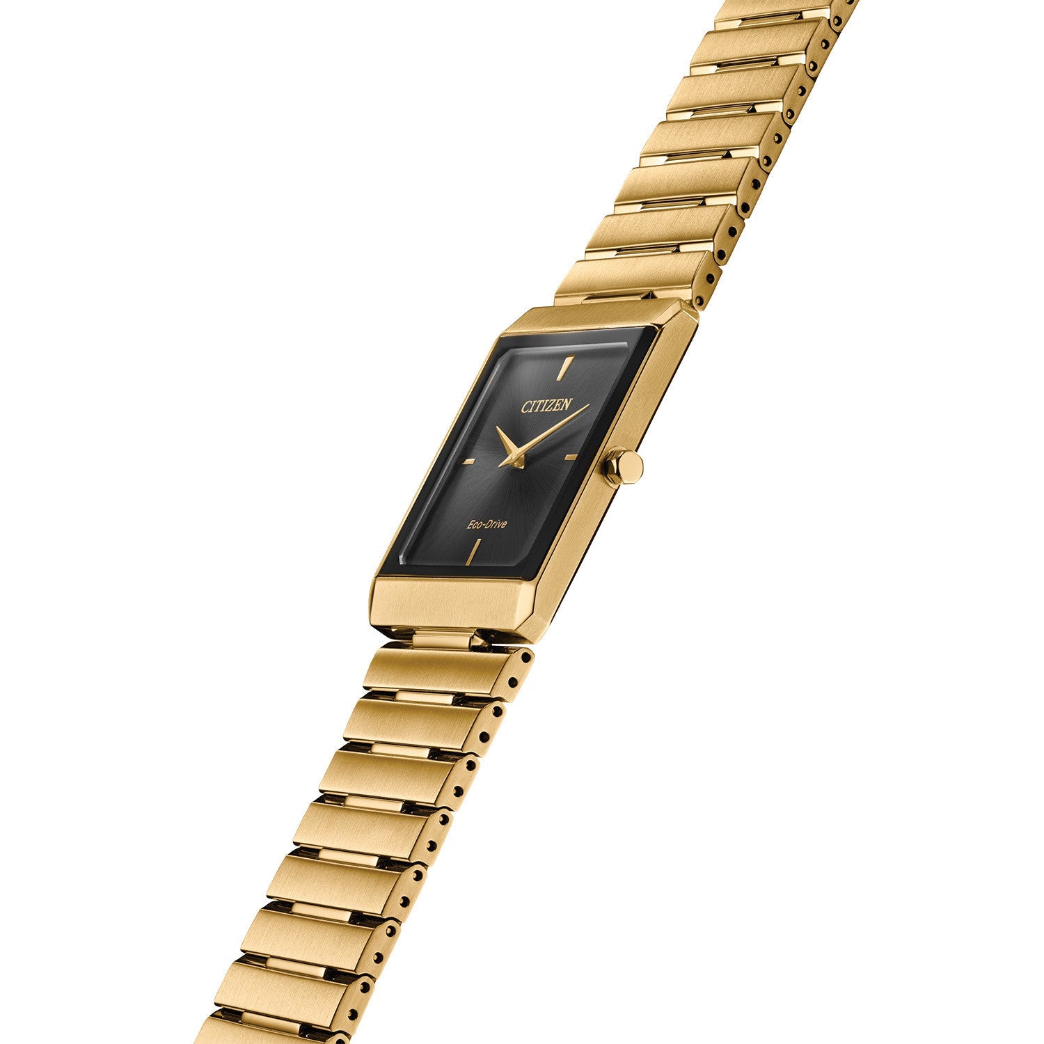 Side profile of the Citizen Stiletto AR3102-51E, showcasing its ultra-thin 5.06mm gold-tone case and sleek design.