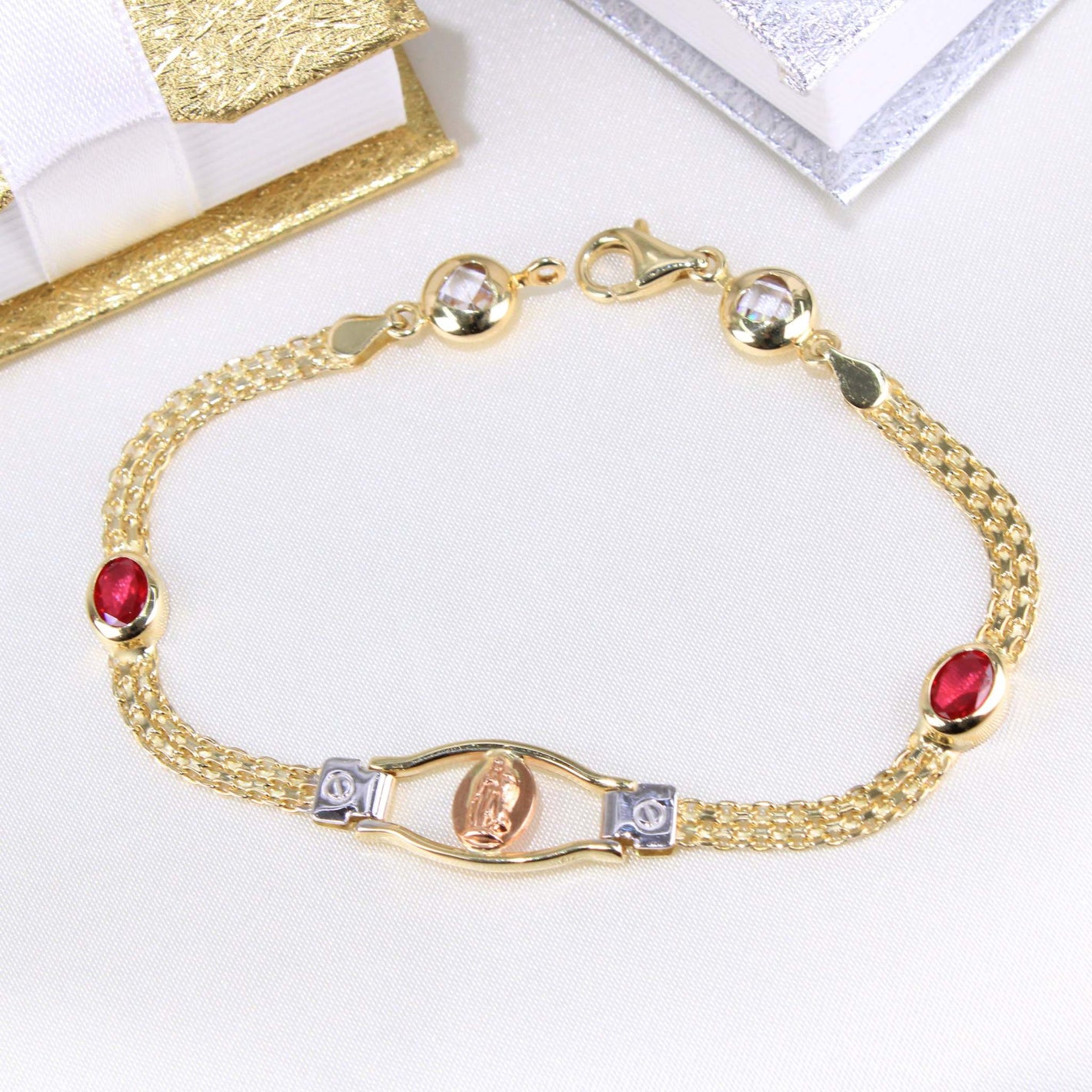 14K Yellow Gold CZ Virgin of Guadalupe Bracelet 10mm 7.5in