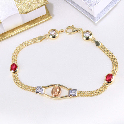 14K Yellow Gold CZ Virgin of Guadalupe Bracelet 10mm 7.5in
