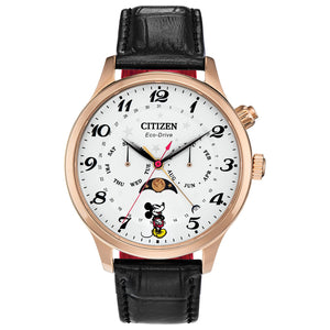 Citizen Disney Mickey Mouse Moon Phase Men's Watch AP1053-15W featuring a 43mm rose gold-tone stainless steel case with a white dial—front view.