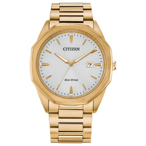 Citizen Corso BM7492-57A men's watch featuring a gold-tone stainless steel 41mm case with a silver-tone dial and date display—front view.