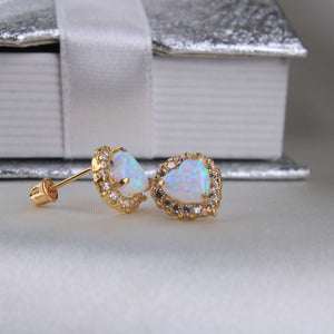 14K Yellow Gold CZ Opal Heart Earrings