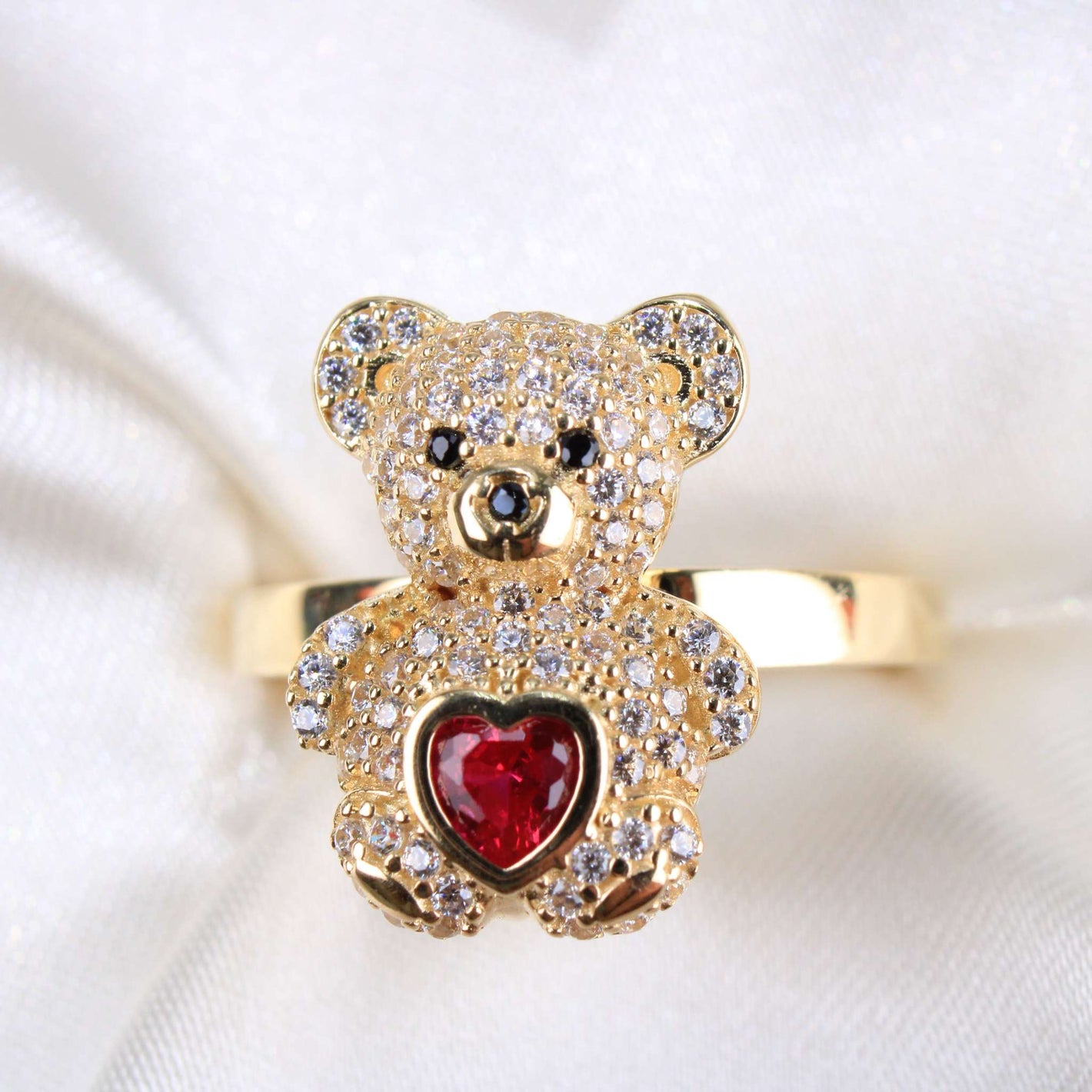 14K Yellow Gold CZ Teddy Bear Ring