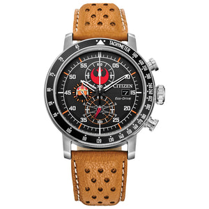 Citizen Star Wars™ Rebel Pilot Eco-Drive Chronograph Watch CA0761-06W featuring a 44mm silver-tone stainless steel case with an orange leather strap and black dial—front view