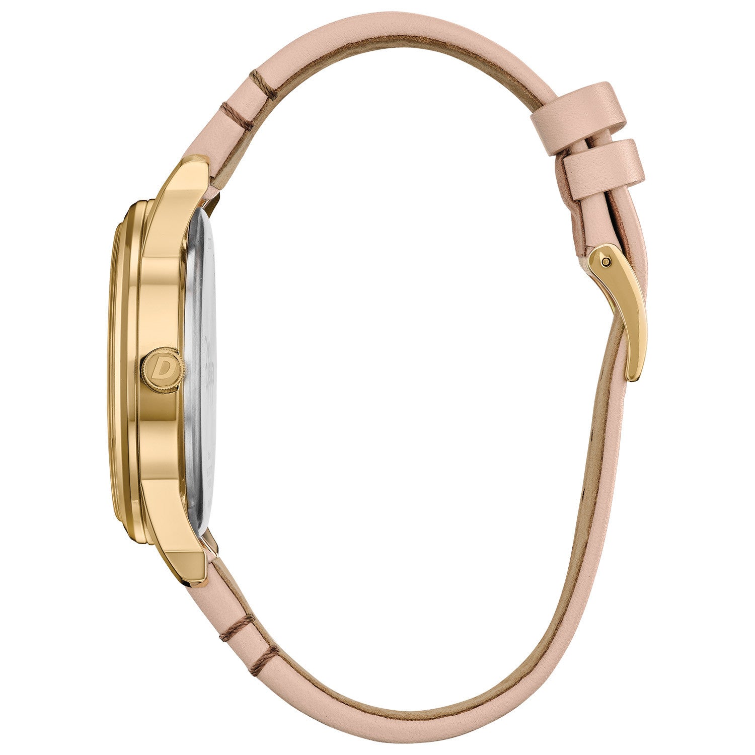 Side profile of the Citizen BV1132-08W, showcasing the slim gold-tone stainless steel case and pink leather strap.