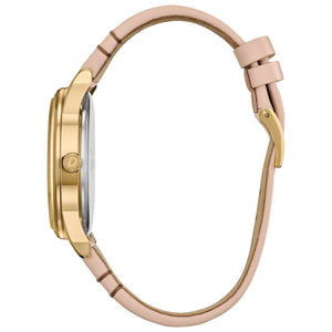 Side profile of the Citizen BV1132-08W, showcasing the slim gold-tone stainless steel case and pink leather strap.