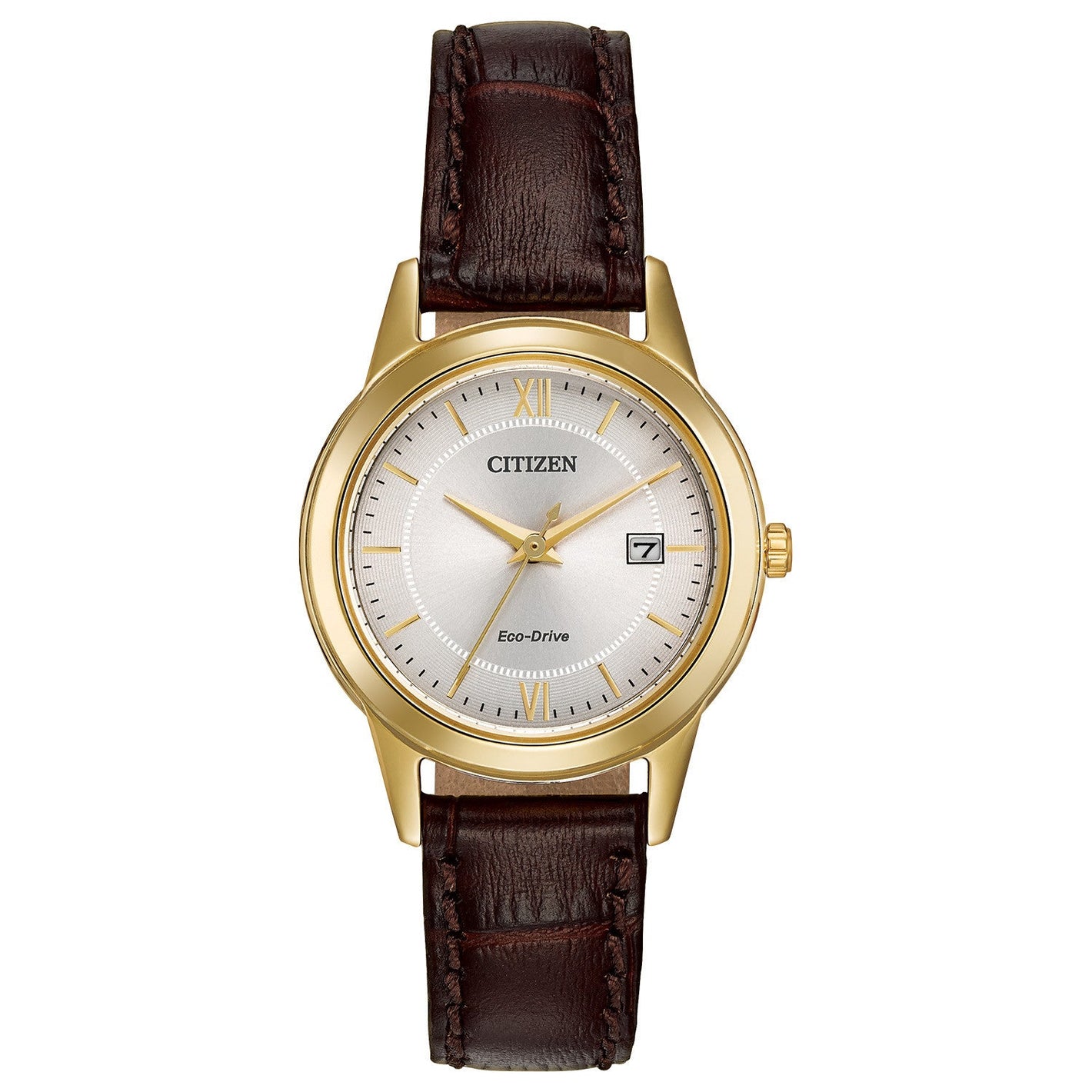 Citizen Corso FE1082-05A women's watch featuring a gold-tone stainless steel 29.5mm case with an ivory dial and date display—front view.