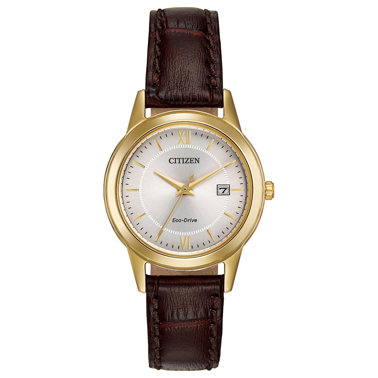 Citizen Corso FE1082-05A women's watch featuring a gold-tone stainless steel 29.5mm case with an ivory dial and date display—front view.