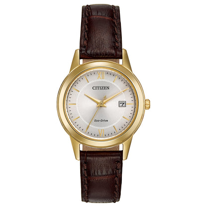 Citizen Corso FE1082-05A women's watch featuring a gold-tone stainless steel 29.5mm case with an ivory dial and date display—front view.