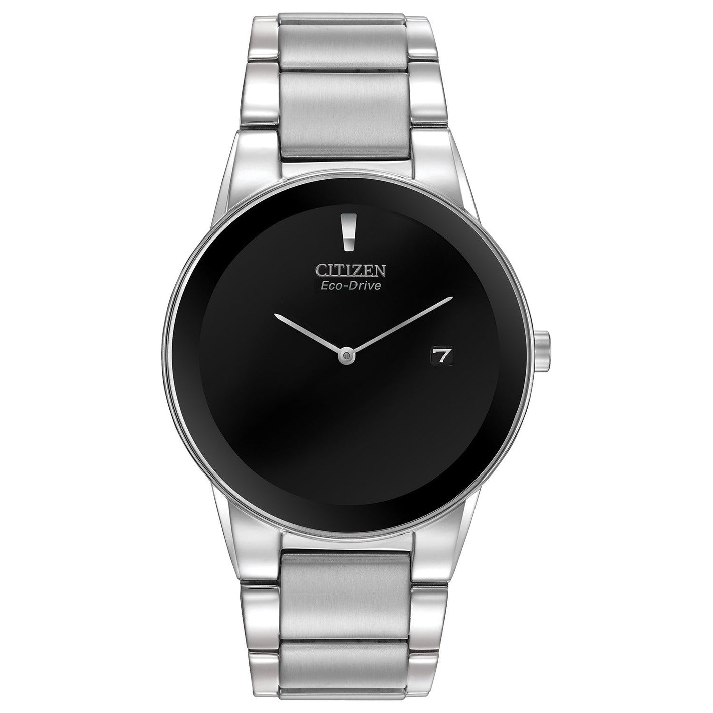 Citizen Axiom AU1060-51E watch showcasing its black dial and silver-tone stainless steel bracelet.