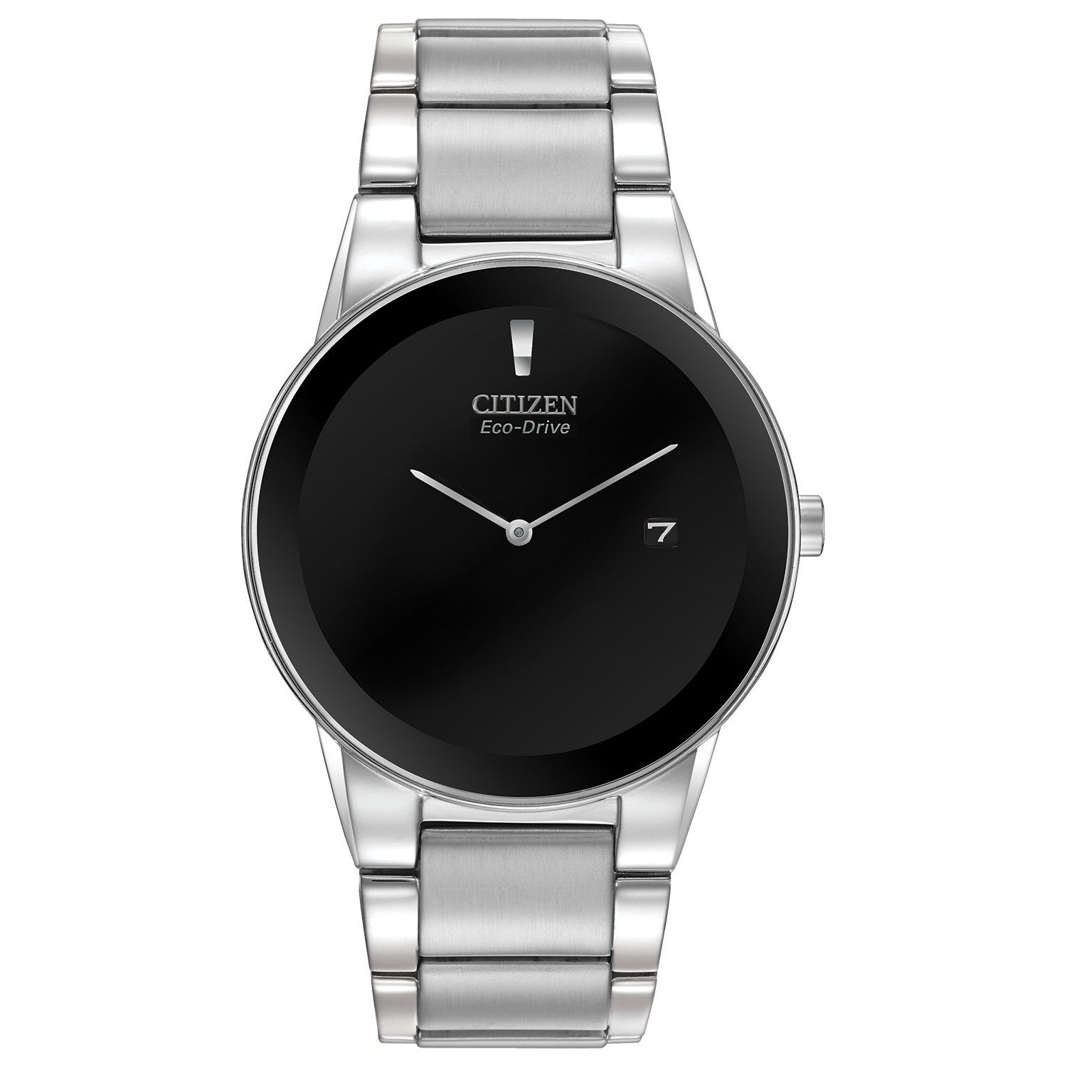 Citizen Axiom AU1060-51E watch showcasing its black dial and silver-tone stainless steel bracelet.