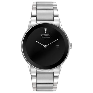 Citizen Axiom AU1060-51E watch showcasing its black dial and silver-tone stainless steel bracelet.