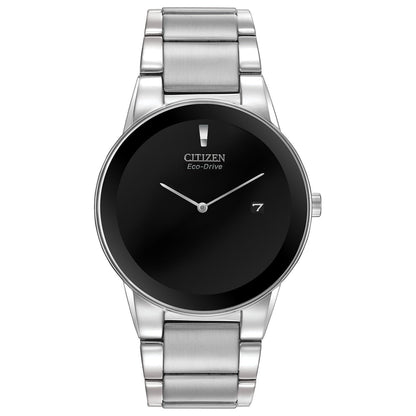 Citizen Axiom AU1060-51E watch showcasing its black dial and silver-tone stainless steel bracelet.