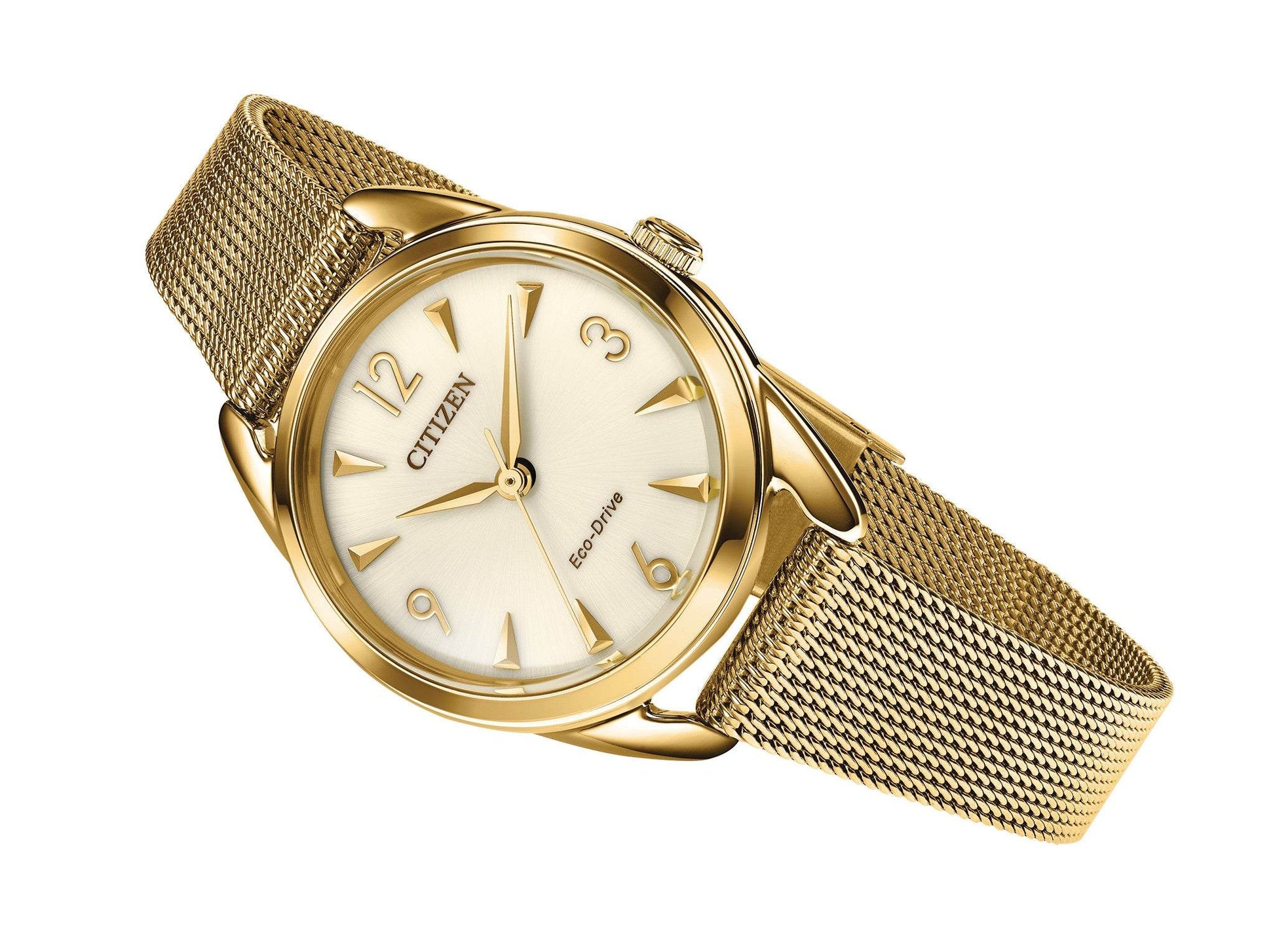 Citizen EM0682-58P Ladies' Eco-Drive Watch featuring a 30mm gold-tone stainless steel case and bracelet with a champagne dial—front view.