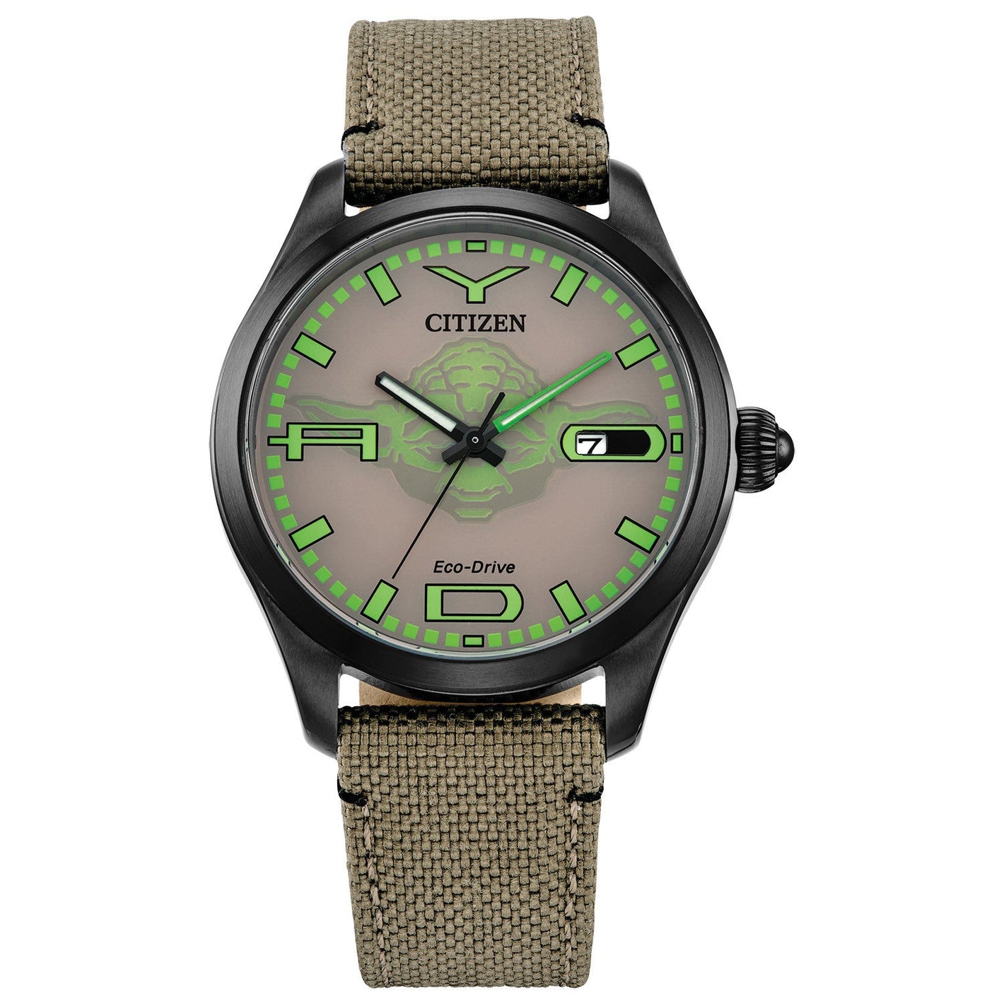 Citizen Star Wars™ Yoda Eco-Drive Watch BM6839-06W featuring a 42mm black ion-plated stainless steel case with a beige Cordura® nylon strap and brown dial—front view.