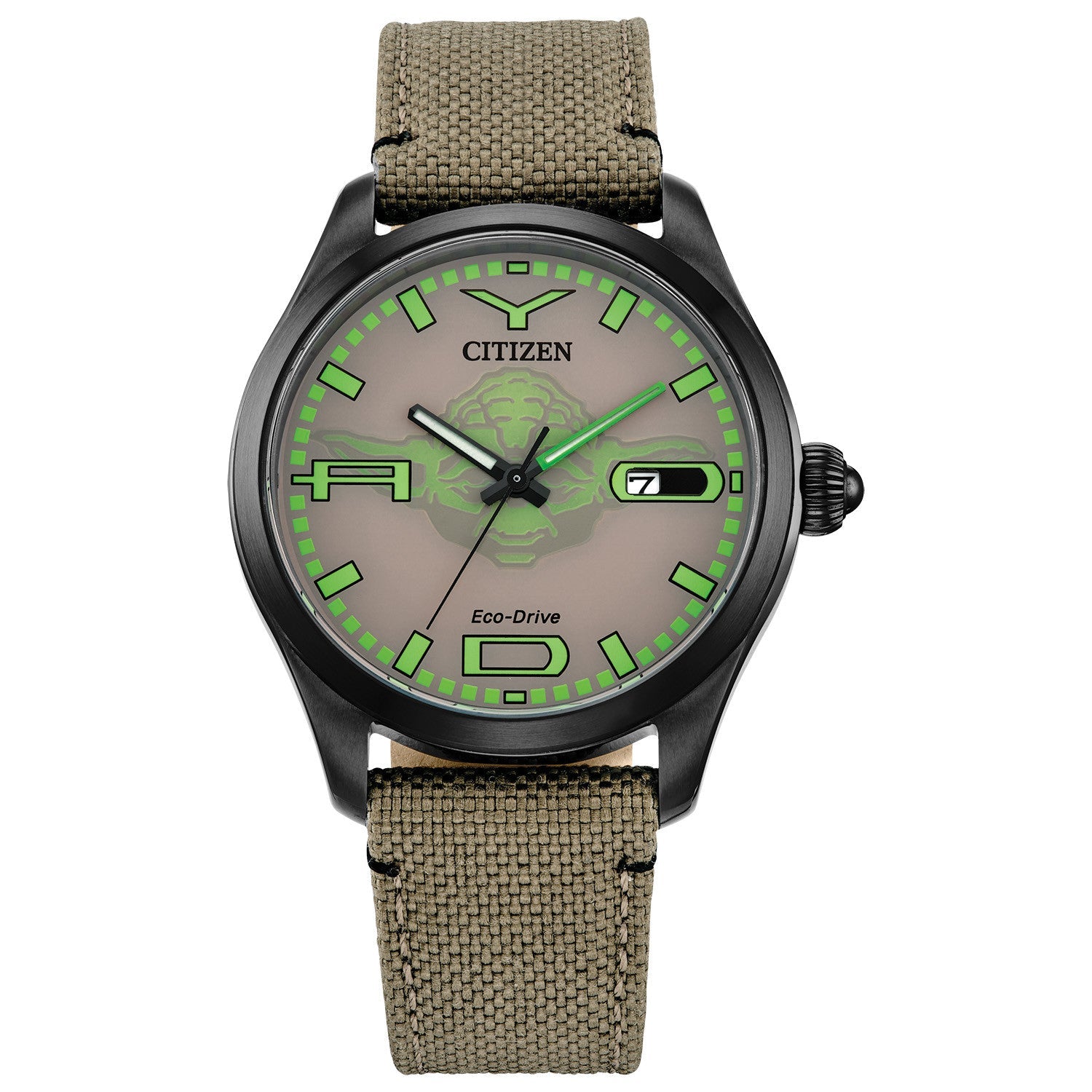Citizen Star Wars™ Yoda Eco-Drive Watch BM6839-06W featuring a 42mm black ion-plated stainless steel case with a beige Cordura® nylon strap and brown dial—front view.