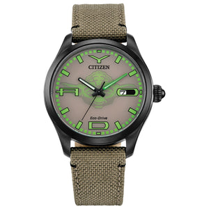 Citizen Star Wars™ Yoda Eco-Drive Watch BM6839-06W featuring a 42mm black ion-plated stainless steel case with a beige Cordura® nylon strap and brown dial—front view.