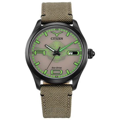Citizen Star Wars™ Yoda Eco-Drive Watch BM6839-06W featuring a 42mm black ion-plated stainless steel case with a beige Cordura® nylon strap and brown dial—front view.