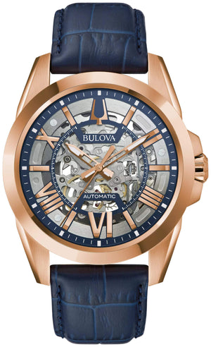 Bulova Sutton Automatic 97A161 men's watch featuring a rose gold-tone case, open aperture blue dial, and blue leather strap—front view.